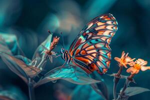 A beautifully patterned butterfly rests delicately on blooming flowers, surrounded by lush greenery under bright sunlight, creating a serene atmosphere photo