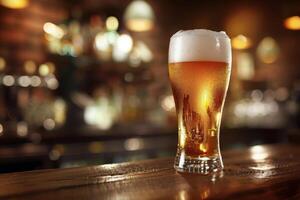 A cold, frothy glass of beer sits on a polished wooden bar top. The warm, inviting atmosphere of the pub glows in the background as evening unfolds photo