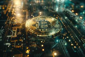A close-up view showcases a Bitcoin resting on an intricate digital circuit board, symbolizing the intersection of cryptocurrency and advanced technology photo