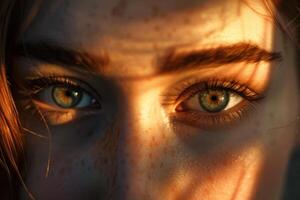 The photograph features a captivating close-up of a person's green eyes, adorned with delicate freckles and illuminated by warm morning light, creating a serene atmosphere photo