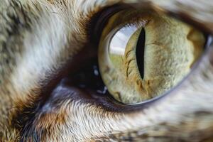 The image captures a close-up of a cat's eye, showcasing the complex patterns and colors. Natural light enhances the beauty of this feline feature, drawing attention to its depth photo