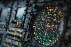 The detailed instrument panel showcases various radar readings and navigation indicators utilized by pilots in a commercial aircraft during flight photo
