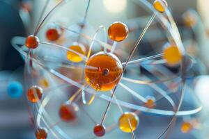 This depiction showcases a detailed atomic model with orange and yellow spheres representing protons and electrons, surrounded by a metallic framework, emphasizing scientific elegance photo