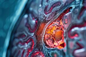 A close-up of a cellular structure reveals vibrant colors and complex patterns, highlighting the dynamic interactions and processes occurring within a microscopic environment photo