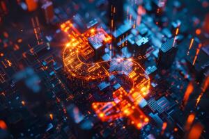 A vibrant digital dollar symbol glows above a city filled with skyscrapers, representing the integration of technology into financial systems at night photo