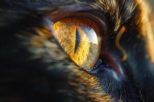 A cat's eye captures a stunning reflection of golden grasses, illuminated by the warm light of the golden hour. The intricate patterns and textures are mesmerizing photo