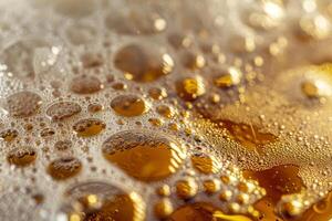 Golden beer bubbles and foam create an intricate pattern, capturing light and forming a mesmerizing texture. The vibrant color evokes refreshment and enjoyment photo