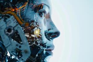 A close-up view of a human-like robot face reveals intricate circuitry and glowing components, showcasing advanced technology and innovation in robotics photo