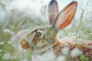 A rabbit gently forages through a meadow filled with wildflowers, illuminated by soft sunlight in a vibrant spring landscape. Its curious expression captures the moment beautifully photo