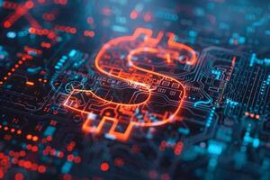 The glowing dollar sign prominently features on a circuit board, surrounded by intricate electronic patterns. This visual represents the fusion of finance and technology in a digital age photo
