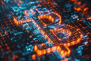 The glowing digital currency symbol stands prominently against a detailed circuit board background, creating a vibrant, high-tech atmosphere reminiscent of advanced technology photo