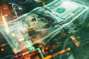 A detailed look at a one hundred dollar bill interwoven with digital graphics and financial indicators, showcasing the intersection of cash and technology photo