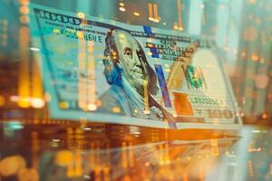 The design of a hundred-dollar bill is prominently displayed, with colorful financial data and charts superimposed, suggesting economic activity in a bright setting photo