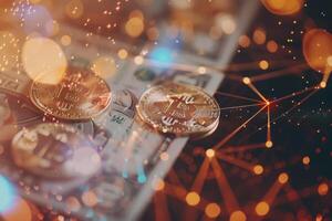 Bitcoin coins rest on U.S. dollar bills, highlighting the blend of digital currencies and traditional money in a lively, colorful setting filled with connecting lines photo