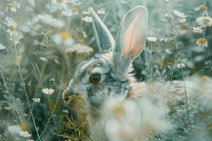 A rabbit sits quietly among a variety of wildflowers, blending harmoniously with its surroundings in a sunny meadow, creating a peaceful atmosphere photo