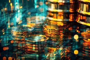 Golden coins are arranged in stacks, illuminated by a colorful digital display that represents a dynamic financial landscape and modern technology photo
