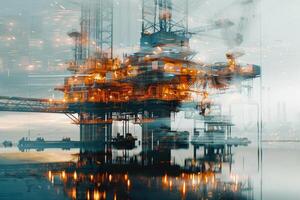 The offshore oil platform stands tall against a dusky sky, with its lights shimmering on the water's surface. Workers move around, engaged in activities necessary for operations photo