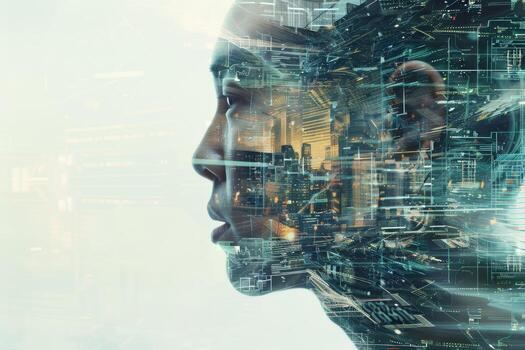 A profile of an individual merges with vibrant digital graphics, symbolizing the intersection of humanity and technology against a soft backdrop photo