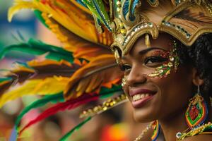 A festival-goer showcases an elaborate feathered headdress, adorned with bright colors and intricate details, while smiling joyfully amidst a bustling crowd photo
