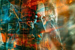 An intricate blend of currency designs and vibrant light patterns creates an abstract representation of financial themes and economic concepts, highlighting value and richness photo