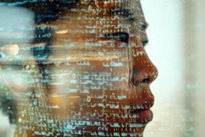 A person is lost in thought with their face partially obscured by a captivating display of flowing binary code, symbolizing the intersection of humanity and technology photo