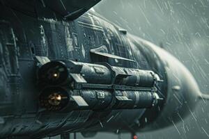A military aircraft is showcased with missile launchers mounted, surrounded by a downpour on a cloudy day, emphasizing its formidable presence photo