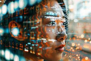 An individual gazes intently at dynamic data visualizations on a screen, reflecting a blend of technology and concentration in a contemporary office setting photo