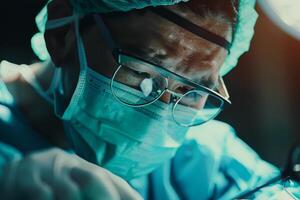 A skilled surgeon focuses intently during a delicate operation. Dressed in scrubs and protective gear, the medical professional employs precision instruments under bright lights photo