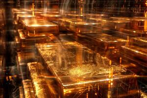 Gold bullion bars are arranged in a secure vault, glimmering under strategic lighting that highlights their polished surfaces and rich color, creating an atmosphere of wealth photo
