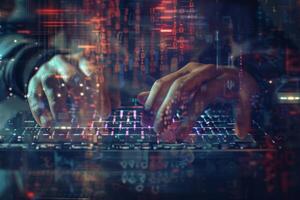 Fingers move swiftly across a laptop keyboard, illuminated by soft light, as digital data streams and coding patterns fill the surrounding space, creating a tech-savvy atmosphere photo