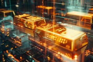 Glowing gold bars are stacked neatly within a futuristic vault, surrounded by vibrant digital lights that create a high-tech atmosphere at night photo