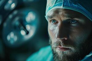 A dedicated surgeon, dressed in scrubs and a surgical cap, concentrates on a challenging operation while surrounded by advanced medical instruments and equipment photo