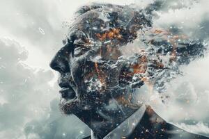 An elderly man silhouette takes shape against a turbulent sky, merging human features with dark clouds and bursts of light, evoking a sense of introspection and nature's fury photo