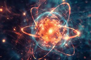 This composition features a glowing atom at its center, with energetic waves radiating outward. The scene captures a sense of motion and connection among subatomic particles in a cosmic environment photo