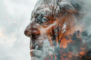 An elderly man reflects thoughtfully, his profile merging with a backdrop of trees and clouds, evoking a sense of contemplation and nature's connection at dusk photo