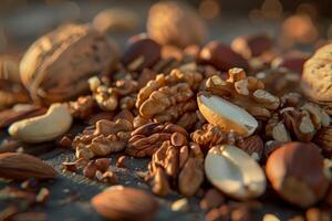 An assortment of nuts including walnuts, almonds, and cashews arranged on a rustic wooden surface, illuminated by warm evening light photo
