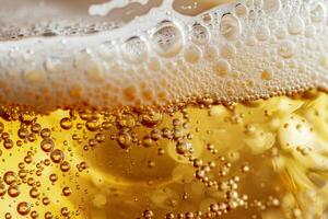 A close-up captures the effervescent bubbles and creamy foam of golden beer, highlighting its rich amber color. This inviting beverage reflects a moment of relaxation photo