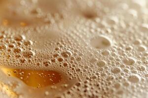 Golden bubbles rise in a glass of refreshing drink, showcasing the effervescence and rich texture created by carbonation under bright lighting photo