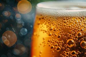 The glass features a refreshing fizzy beverage, showcasing vibrant bubbles that rise to the surface. The blurred backdrop adds a festive touch to the scene photo