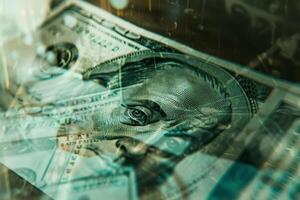 A detailed view of a hundred-dollar bill reveals its unique features, combined with a tech-inspired overlay that gives it a contemporary feel photo