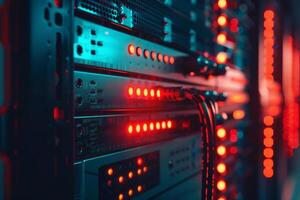 Red lights glow on servers in a high-tech data center, highlighting the intricate network of cables and equipment used to support digital operations photo
