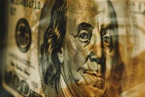 The close-up highlights intricate features of a hundred-dollar bill, focusing on Benjamin Franklin's portrait and the bill's detailed design, reflecting light photo
