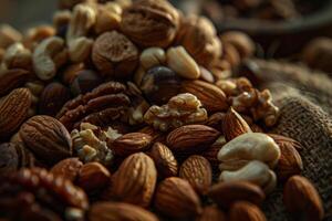 A beautiful assortment of nuts, including almonds, pecans, walnuts, and cashews, is piled on a textured burlap fabric, illuminated by soft natural light photo