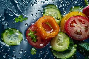 Colorful slices of cucumbers, tomatoes, and bell peppers float in water, creating an appealing visual with bubbles, showcasing freshness and vibrant colors photo