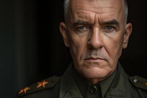 The military officer gazes intently, exuding confidence and command. The dim lighting highlights his sharp features and detailed uniform, emphasizing a serious demeanor photo