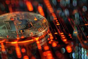 A detailed view showcases a Bitcoin prominently placed among vibrant, glowing digital patterns, illustrating the dynamic nature of cryptocurrency transactions photo
