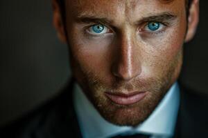 The man gazes directly at the viewer, showcasing his intense blue eyes and chiseled features. He wears a formal suit that enhances the dramatic effect of the low light photo