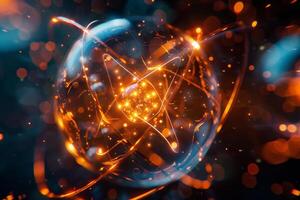 Colorful particles swirl around a central core, depicting the intricate structure of an atom with energy waves emanating from it, set against a dark backdrop photo