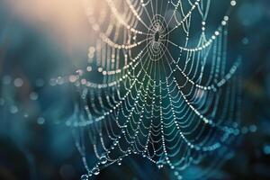 A spider web with dew drops on it photo