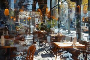 A restaurant with tables and chairs in the middle of a city photo